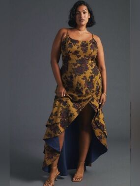 ANTHROPOLOGIE Hutch Floral Slip Maxi Dress Yellow Slit Hem Ruffles 16W